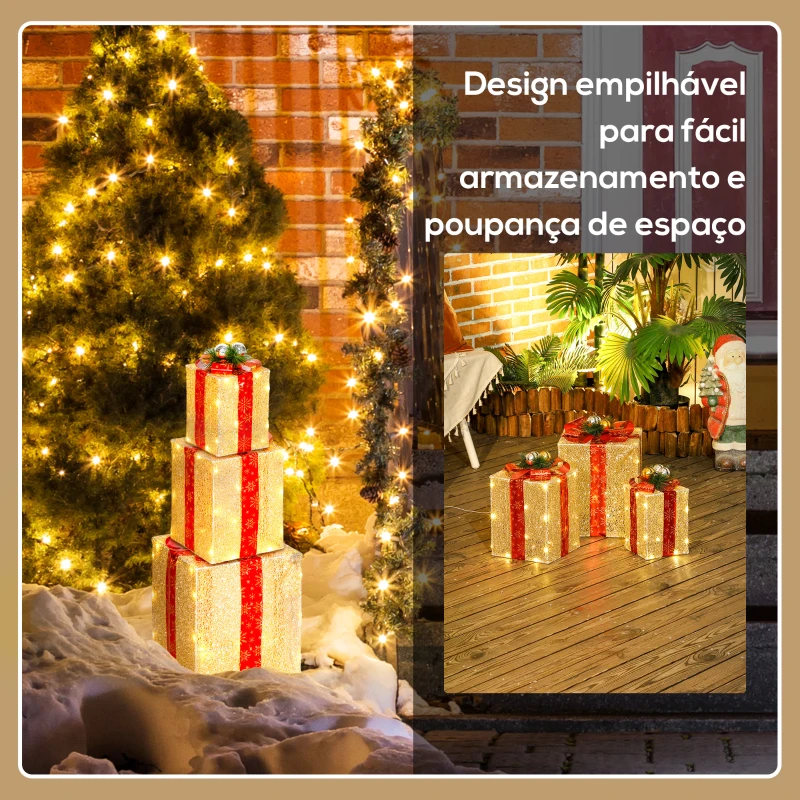 Outsunny Conjunto de 3 Caixas de Presente de Natal com 58 LEDs Branco Quente Enfeites Luminosos para a Árvore de Natal Dourado