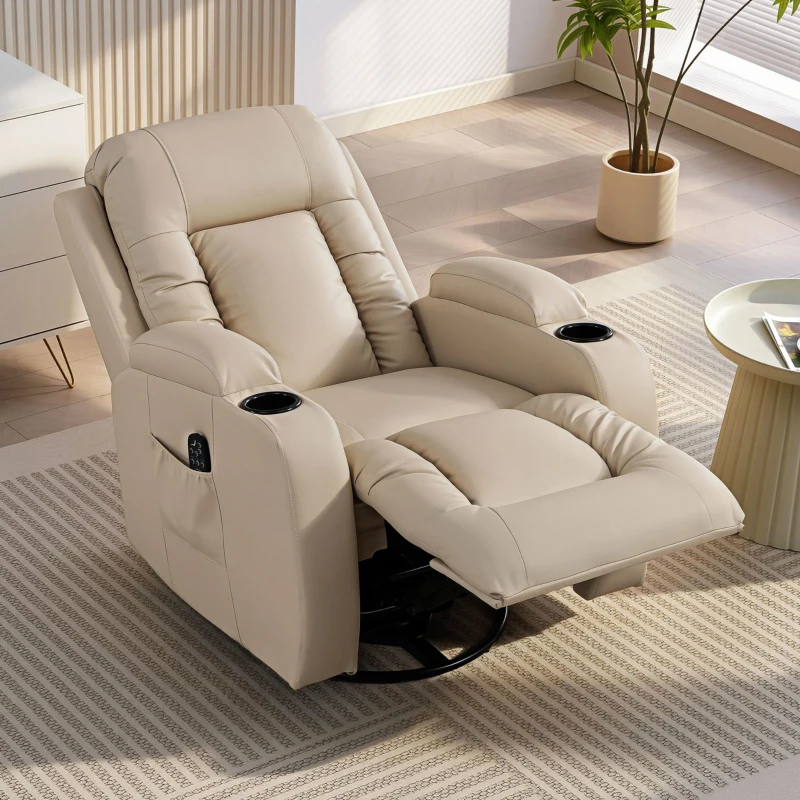 HOMCOM Fauteuil inclinable de massage et chauffage, fauteuil de relaxation, dossier réglable, pivotant 360°, 82x99x103cm, crème