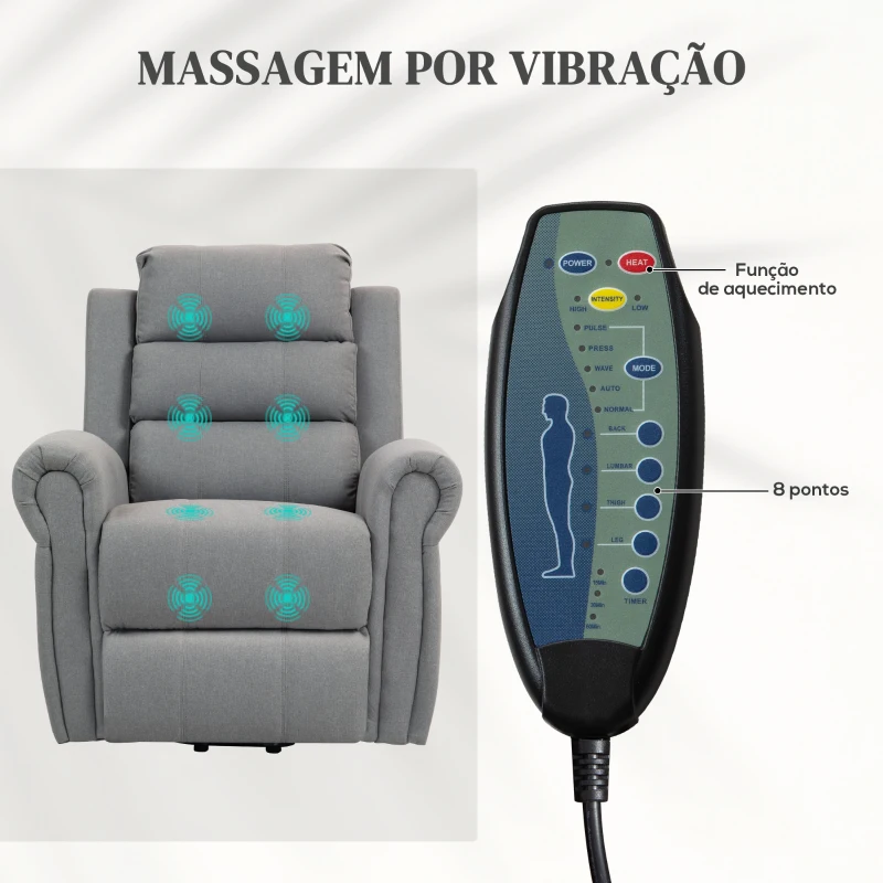HOMCOM Poltrona Reclinável Elétrica Levanta Pessoas com Massagem Vibratória e Aquecimento  98x96x105 cm Cinza