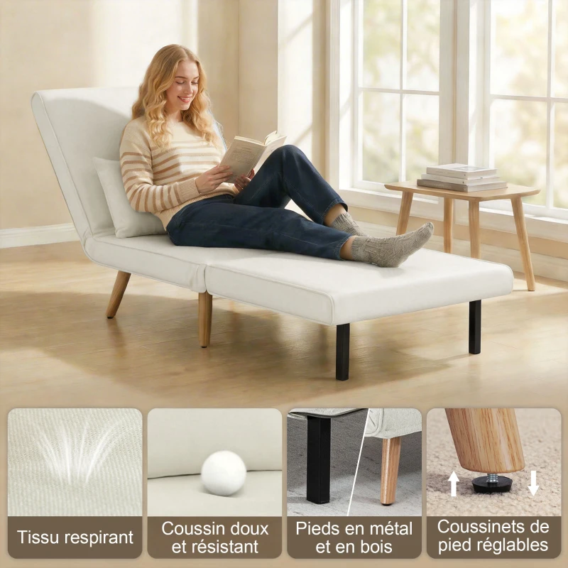 HOMCOM Fauteuil chauffeuse convertible 3 en 1 lit fauteuil lit 1 place dossier 5 positions en tissu avec coussin, crème