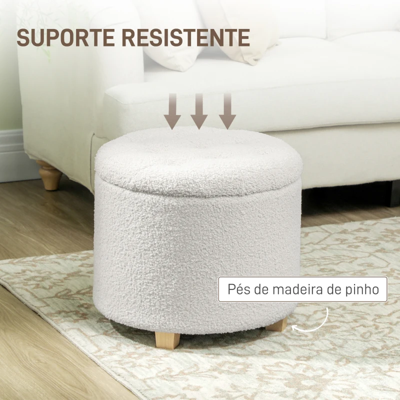 HOMCOM Puff de Armazenamento Banco de Armazenamento Redondo 40,5L 45x45x41 cm Estofado em Borreguito Banco Apoia-Pés Branco