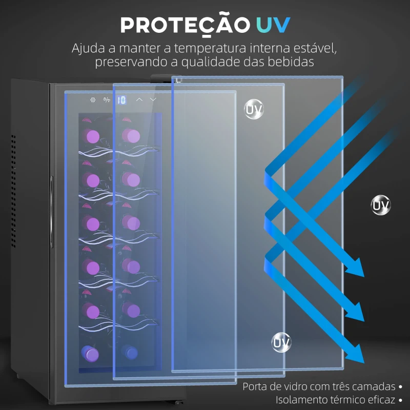 HOMCOM Cave de Vinhos 12 Garrafas com Dupla Refrigeração Termoelétrica Temperatura Ajustável 8-18℃ Porta de Vidro Anti-UV Ecrã LED Luz Interior Preto