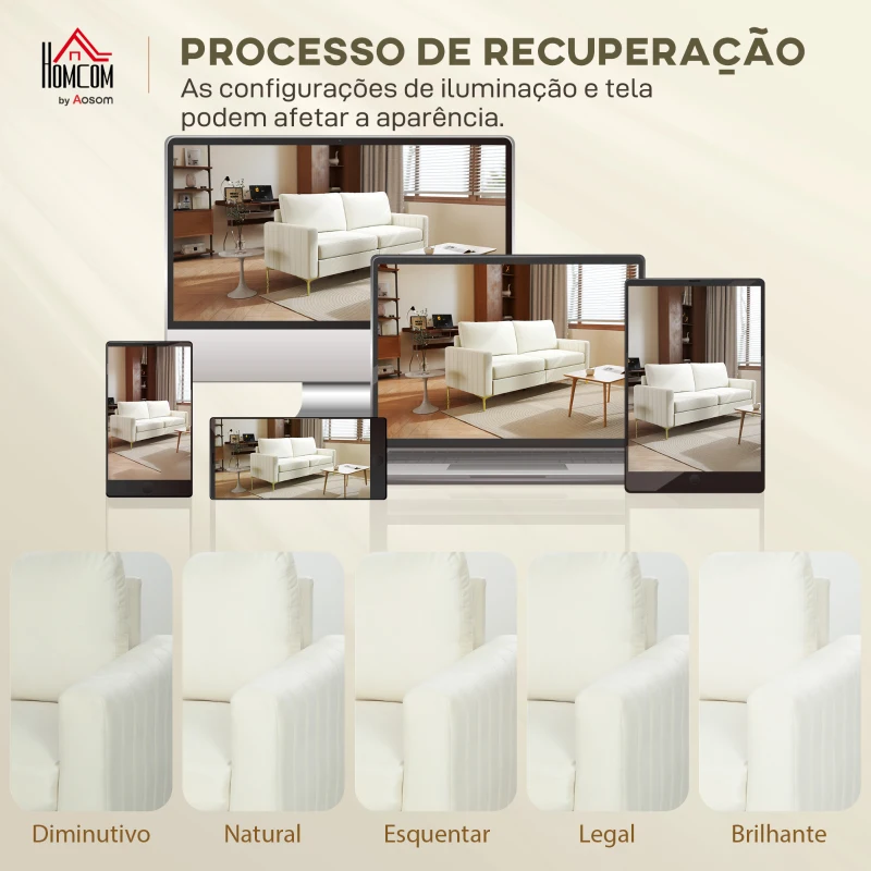 HOMCOM Sofá de 3 Lugares de 181 cm Estofado em Veludo com Almofadas Espessas Pernas de Metal Branco Creme