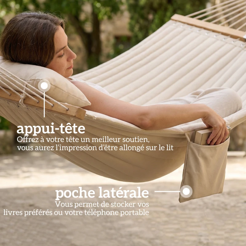 Outsunny Hamac suspendu 325 cm avec oreiller extra-long, tissu matelassé, poche pour magazines, intérieur et extérieur, crème