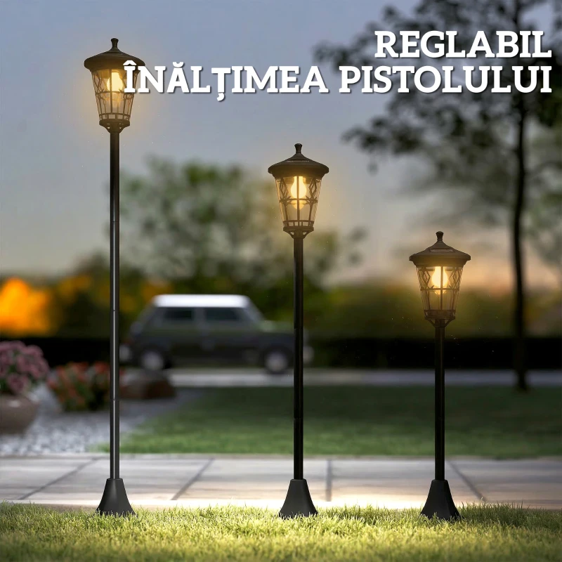 Outsunny Set de 2 Felinare Solare de Grădină 1.86 m, Lămpi de Exterior din Oțel Inoxidabil cu Înălțime Reglabilă, 2 Moduri de Lumină, IP44 Impermeabil pentru Terasă Curte Alei