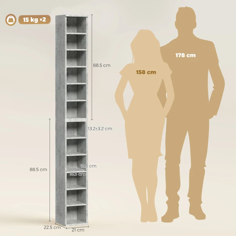 HOMCOM Set of 2 CD Media Display Shelf Unit Tower Rack with Adjustable Shelves, Cement Grey
