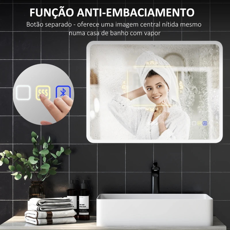 HOMCOM Espelho de Casa de Banho com Luz LED 80x60 cm Bluetooth 3 Cores de Luz Relógio Digital Função Antiembaciamento Função de Memória Prata