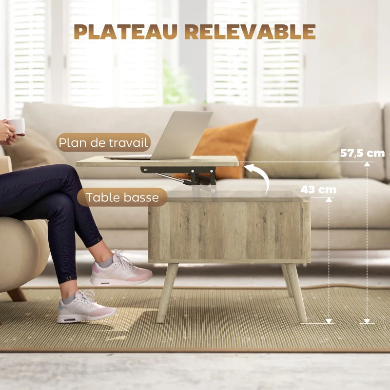 HOMCOM Table basse relevable, table de salon avec 2 compartiments cachés et pieds en pin, 91 x 56 x 43 cm, chêne
