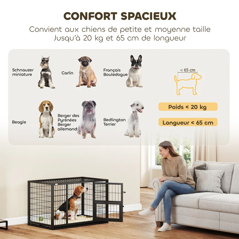 PawHut Cage pour Chien Robuste Niche Chien Intérieur Toit Ouvrant et Porte de Nourrissage Acier 94 x 60 x 64 cm Noir
