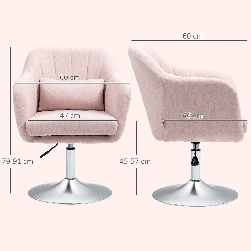 HOMCOM Swivel Accent Chair, Linen Fabric Tub Vanity Chair, Modern Armchair with Adjustable Height and Lumbar Support for Living Room Bedroom Salon Make up Room Dressing Table, Pink