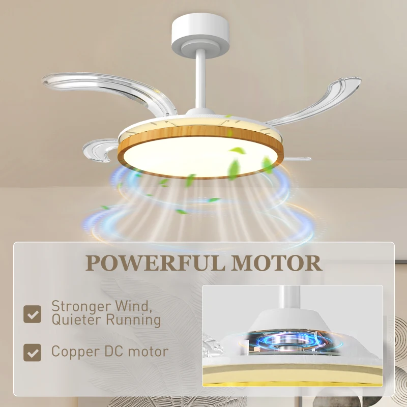 HOMCOM Deckenventilator mit Licht und Fernbedienung, 95 cm moderner LED-Deckenventilator mit einziehbaren Flügeln, Natur