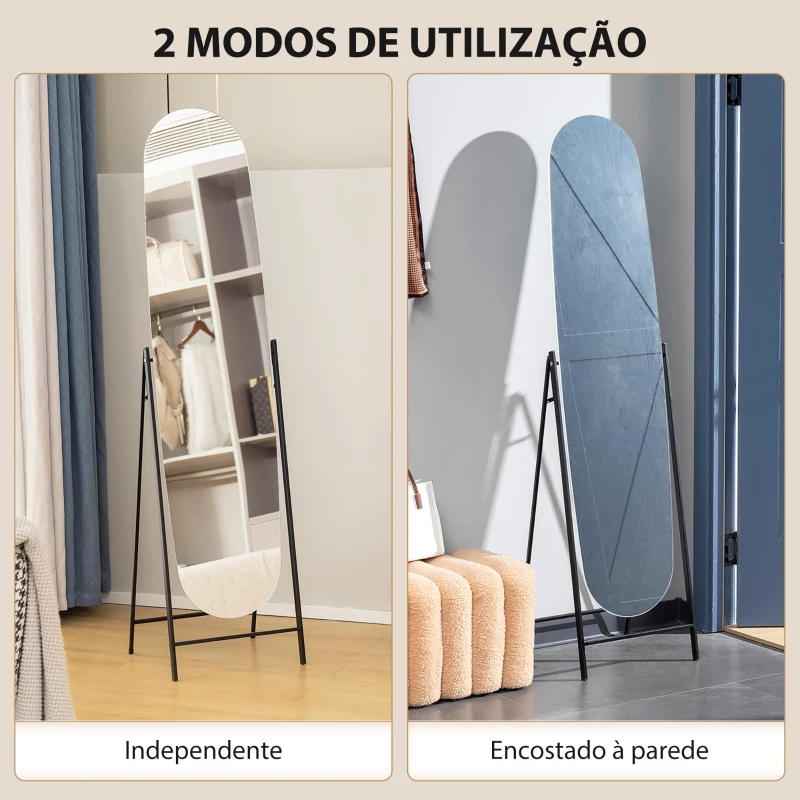 HOMCOM Espelho de Pé Arqueado 160x40 cm Espelho de Corpo Inteiro sem Moldura com Suporte de Metal Preto