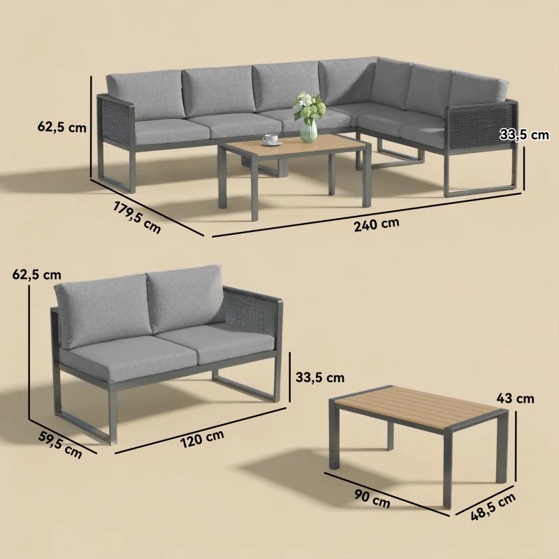 Outsunny Salon de jardin extérieur d'angle modulable 6 personnes, canapés, table basse et coussins, gris foncé