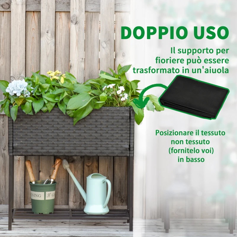 Outsunny Letto per Orto Rialzato, Fioriera Effetto Vimini con Ripiano, Aiuola Rialazata per Esterni e Interni, Grigio (70cm x 30cm x 72cm)