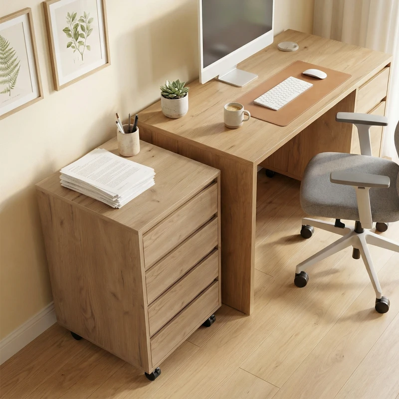 HOMCOM Bloco de Gavetas de Escritório com 4 Gavetas Rodas para Escritório 46x40x65 cm Castanho