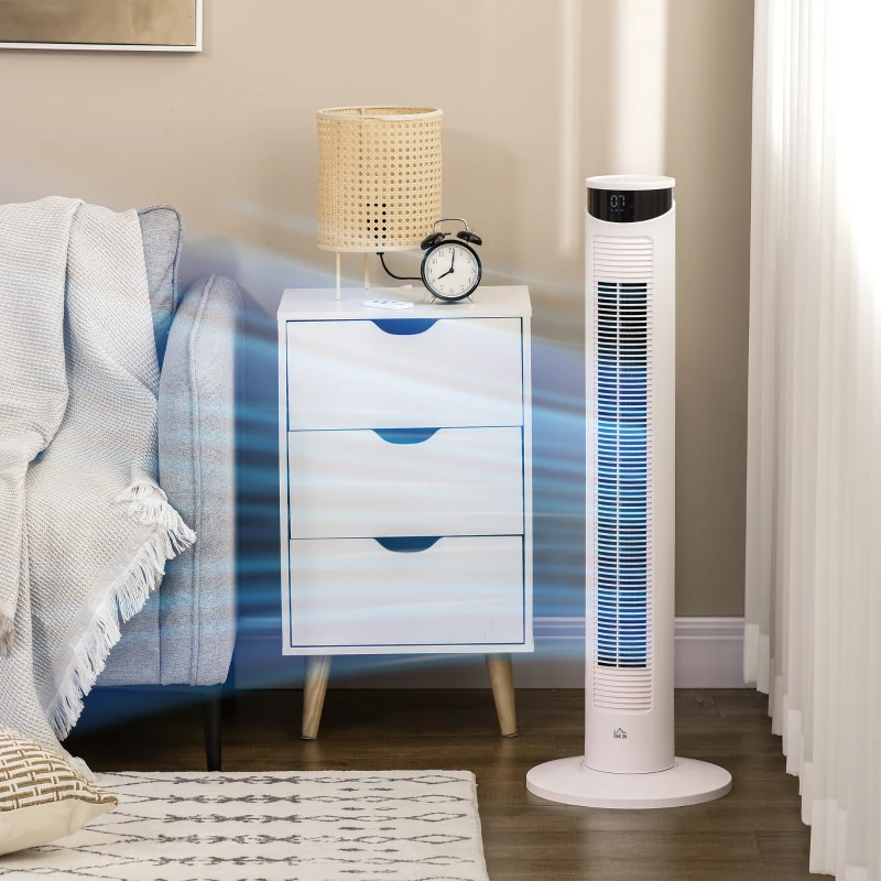 HOMCOM Ventilateur colonne avec télécommande minuterie 12 heures 3 vitesses écran LED oscillant 70 ° Ø 31,5 x 93 cm blanc