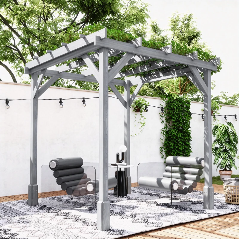 Outsunny 2 x 2m Wooden Pergola Kit, Decorative Garden Gazebo Shelter with Stable Structure for Climbing Vines, Flowers, Grey