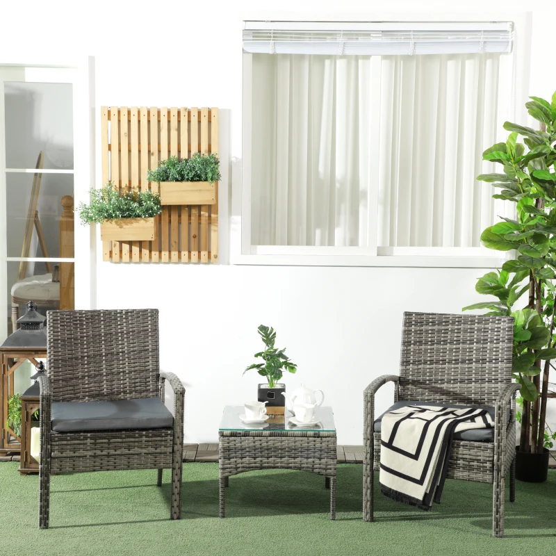 Outsunny 3 Pieces Rattan Bistro Set, Wicker Garden Furniture Set with Glass Top Coffee Table and Chairs, Washable Cushions for Outdoor, Patio, Balcony, Mixed Grey