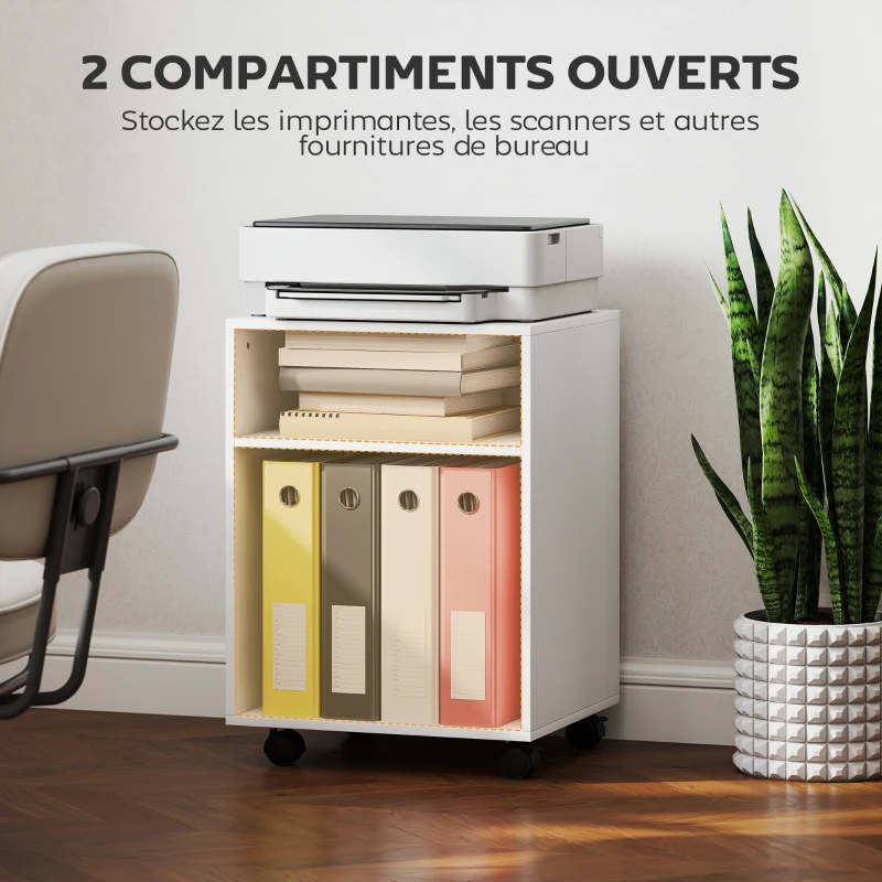 HOMCOM Support d'imprimante, meuble de rangement sur roulettes avec 2 étagères ouvertes, 40x35x55,5cm, blanc