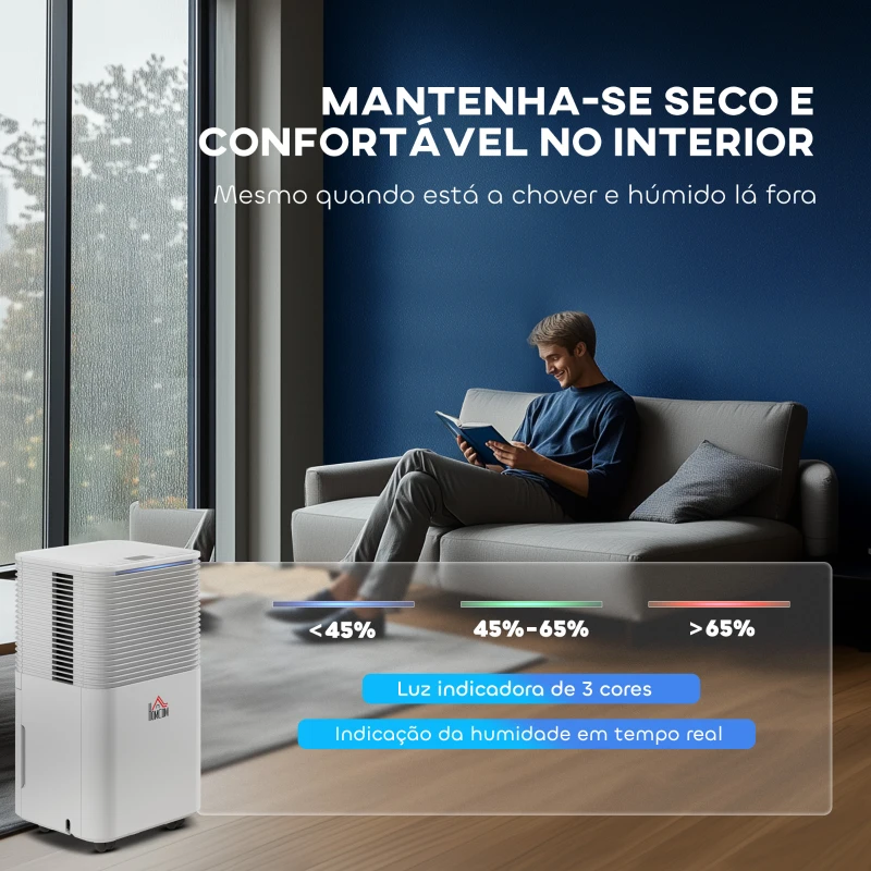 HOMCOM Desumidificador 10L/dia Silencioso com 3 Modos Ecrã LED Temporizador 24H Bloqueio Infantil e Drenagem Contínua Branco