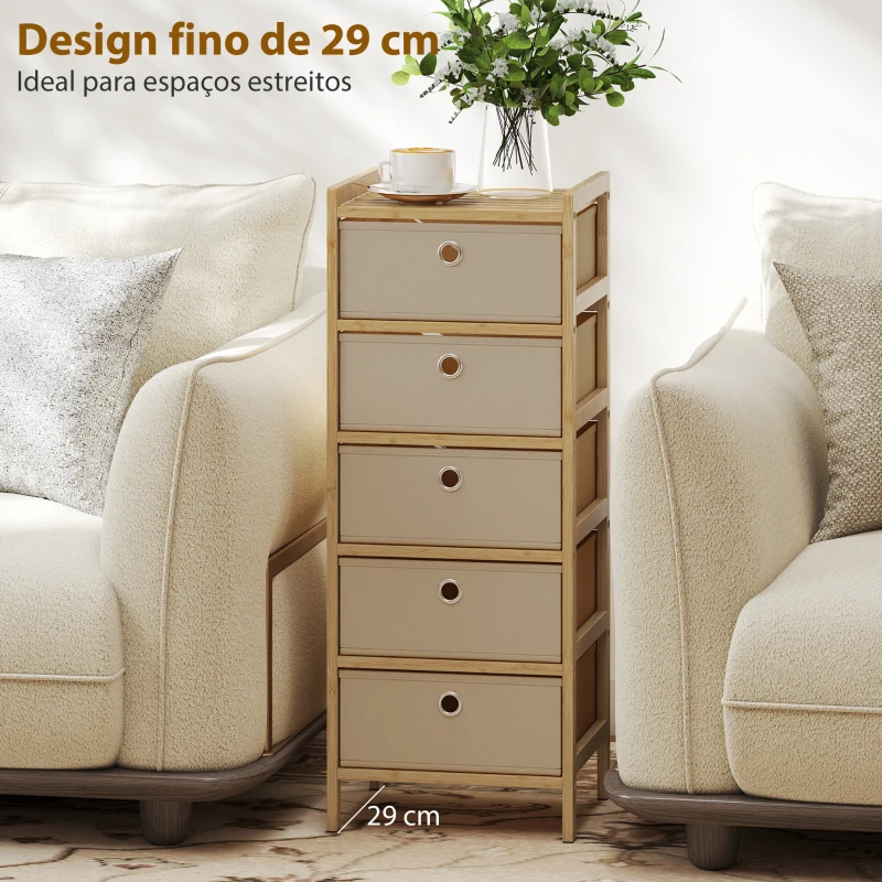 HOMCOM Cómoda com 5 Gavetas em Tecido, Estrutura de Bambu, Ideal para Espaços Pequenos, Creme e Madeira