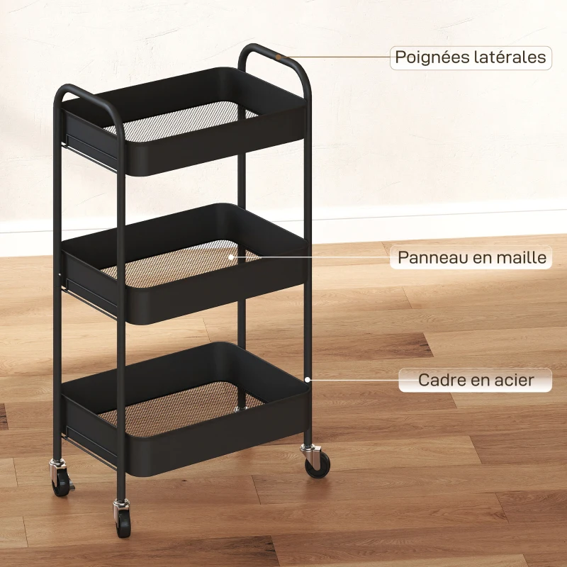 HOMCOM Desserte chariot de rangement en acier chariot de service à roulettes 3 plateaux ajourés 45 x 30,6 x 79 cm noir