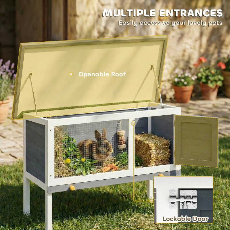 PawHut Wooden Rabbit Hutch, Guinea Pig Hutch with Asphalt Roof, Outdoor Elevated Bunny House for Rabbits, Chinchillas