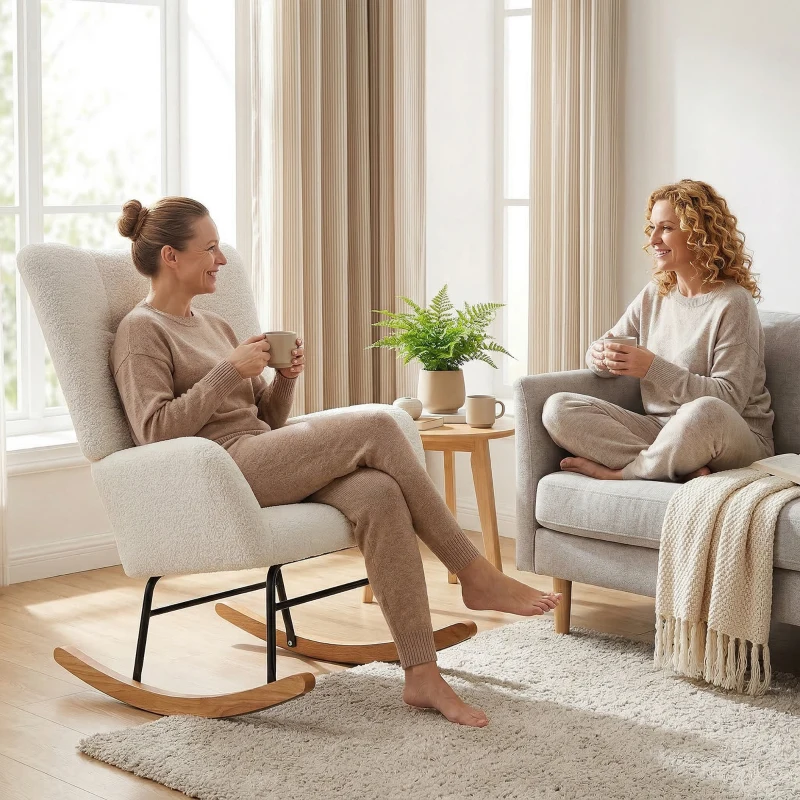 HOMCOM Fauteuil à bascule en tissu effet laine bouclée avec pieds en bois massif d'hévéa pour chambre, salon, crème