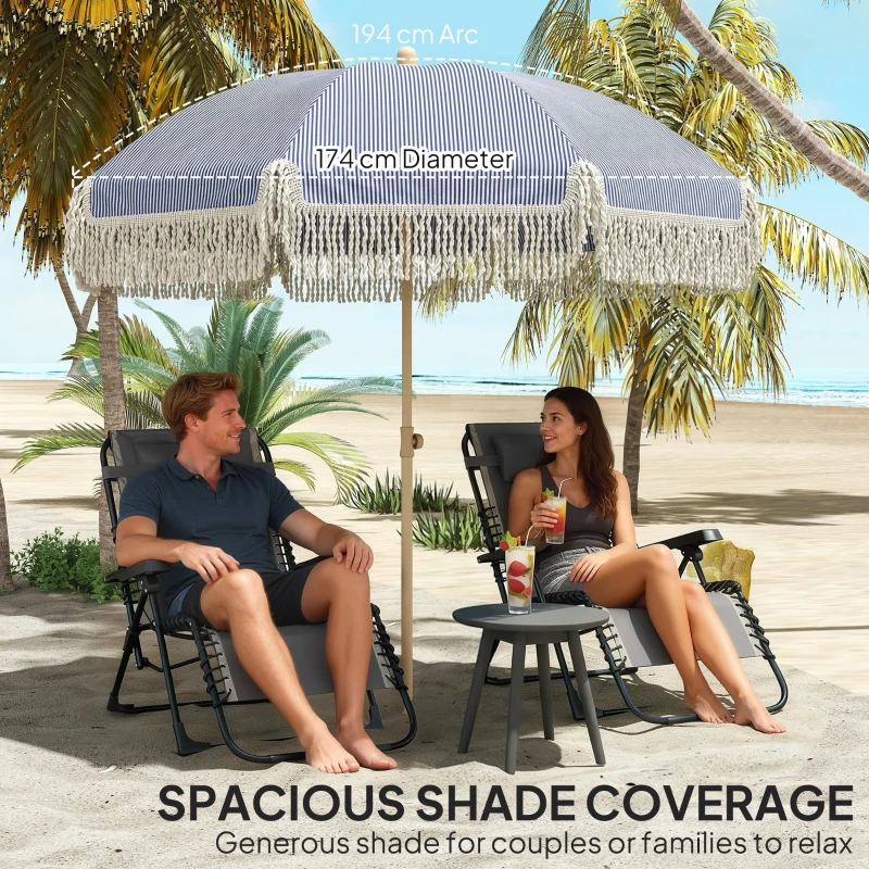 Outsunny 1.7 m Beach Umbrella with Sand Anchor, 30° Tilting Fringed Beach Garden Parasol with Adjustable Height, Blue