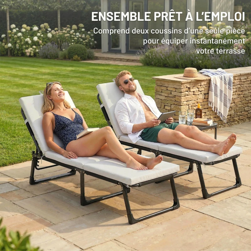 Outsunny Lot de 2 Coussins de Chaise Longue avec 5 Sangles et Poignée Intégrée, pour Plage Balcon Jardin, 182x53x6cm, Gris Clair