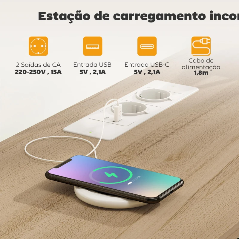 HOMCOM Móvel de TV com Luz LED Tomadas Portas USB 4 Gavetas de Tecido para Televisão até 50 Polegadas 120x30x67,5 cm Bege e Madeira