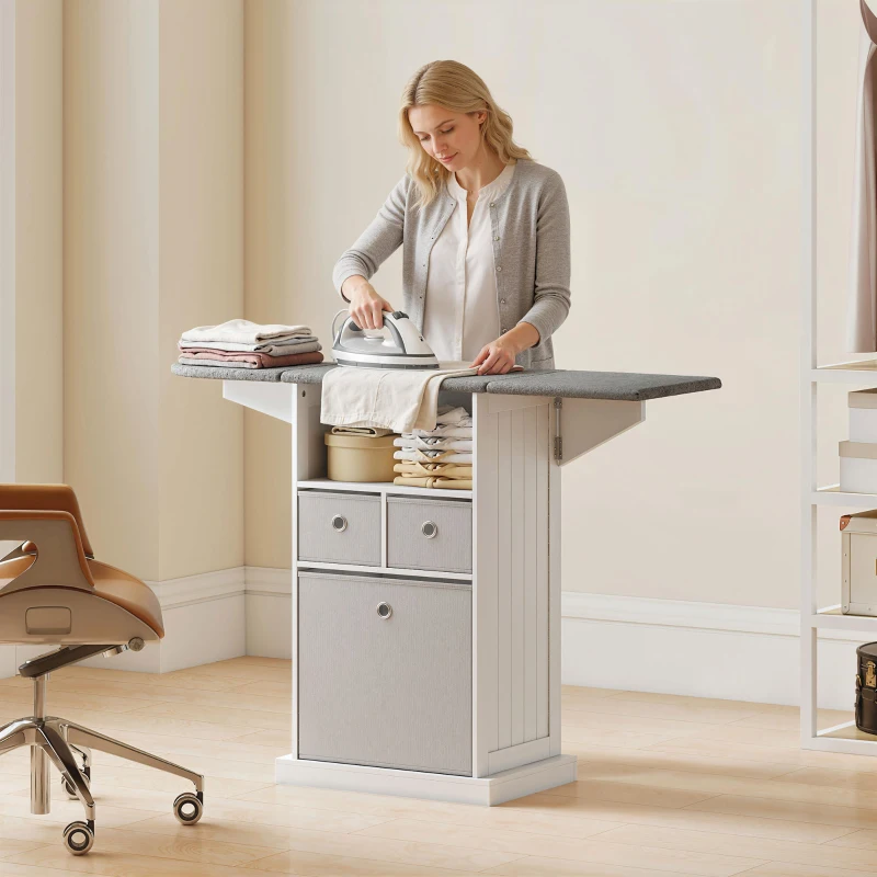 HOMCOM Móvel para Engomar Roupa com Rodas Tábua de Engomar Dobrável com 3 Gavetas Compartimento Aberto 121x37x89,5 cm Branco
