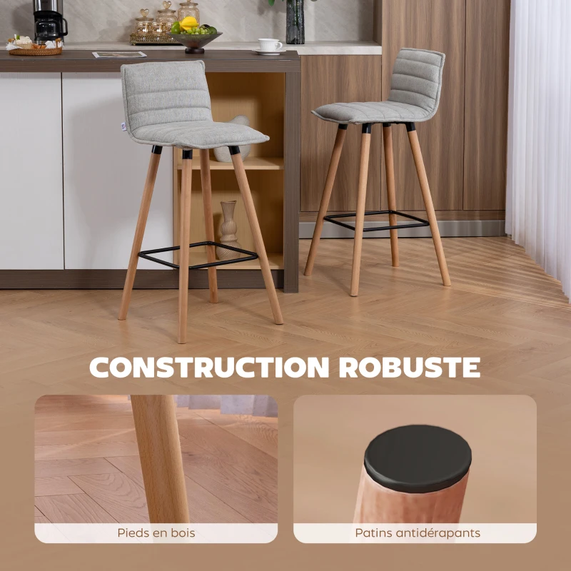 HOMCOM Lot de 2 tabourets de bar, chaises de bar, assise rembourrée, dossier et repose-pieds, 48 x 48 x 99,5 cm, gris