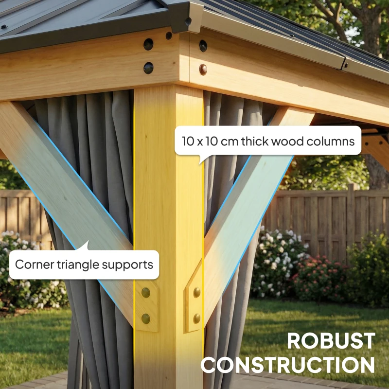 Outsunny 3 x 3 m Outdoor Hardtop Gazebo Canopy with 2-Tier Steel Roof, Wood Garden Gazebo with Curtains, Grey