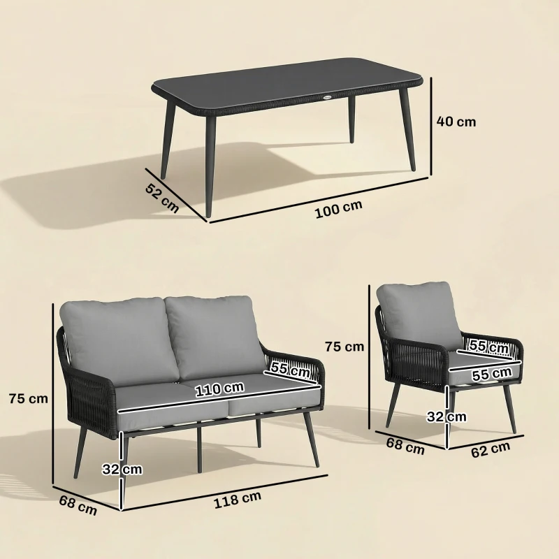 Outsunny Rattan Garden Furniture Set, 4 Piece Outdoor Patio Furniture with Tempered Glass Table and Chairs, Indoor Balcony Conservatory Set