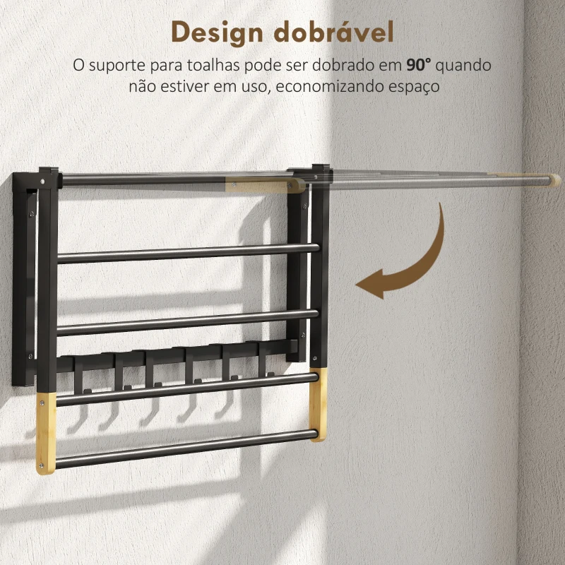 HOMCOM Toalheiro de Parede Dobrável com 5 Barras e 6 Ganchos Suporte para Toalhas para Casa de Banho Dobrável e Compacto 60x32,5x20 cm Preto
