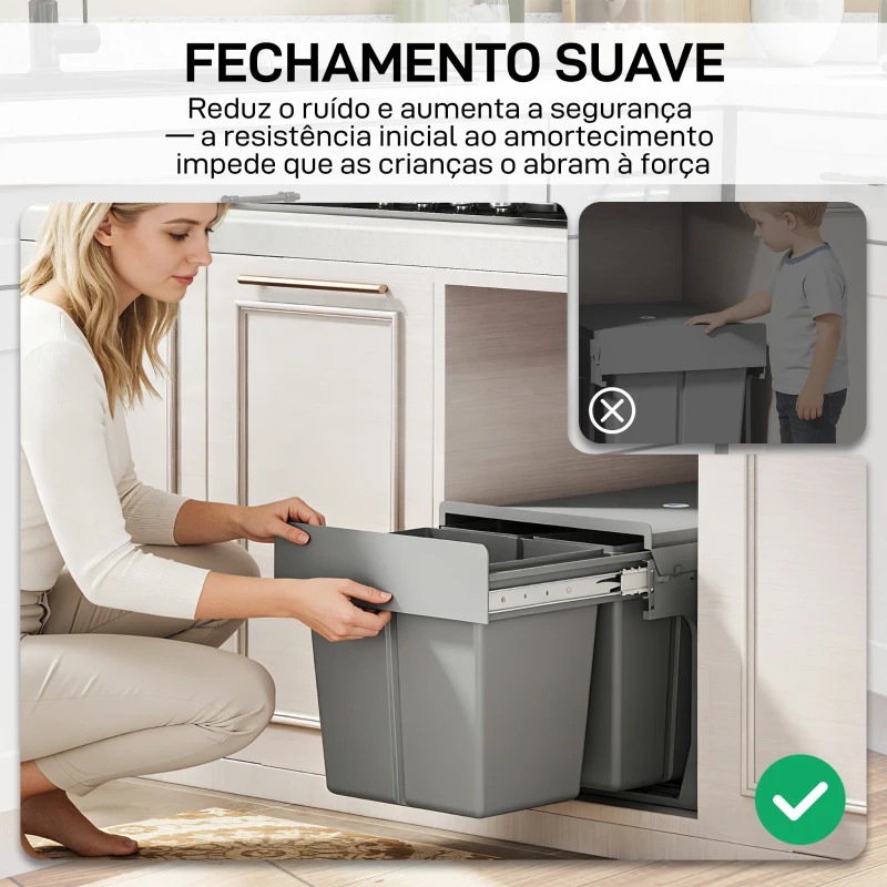 HOMCOM Balde  de Lixo Embutido com 3 Recipientes Removíveis Capacidade Total 31L (15L+8Lx2) 48x34,3x35,1 cm Cinzento Claro