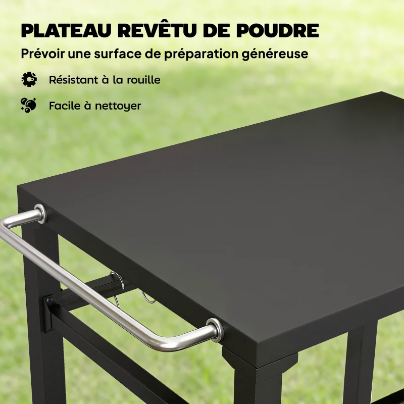 Outsunny Desserte jardin chariot de barbecue sur roulettes avec crochets, poignées, roulettes verrouillables, 90,5x55x88 cm, noir