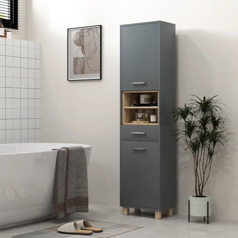HOMCOM Colonne salle de bain, meuble salle de bain rangement avec 2 placards, tiroir et 2 compartiments ouverts, gris(m-10)