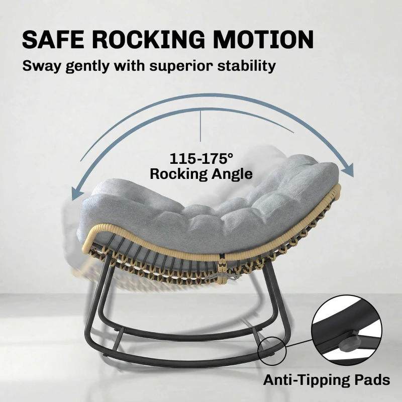 Outsunny Rattanowy Bujany Fotel Ogrodowy z Grubą Poduszką, Krzesło Ogrodowe do 120 kg Indoor Outdoor 87 x 110 x 70 cm Szary