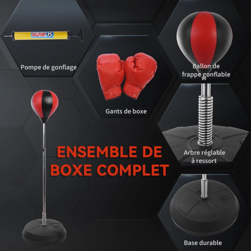 HOMCOM Sac de Frappe sur Pied Punching ball sur pied réglable en hauteur 126-144 cm avec gants, pompe et base de lestage pour adolescents et débutants noir et rouge