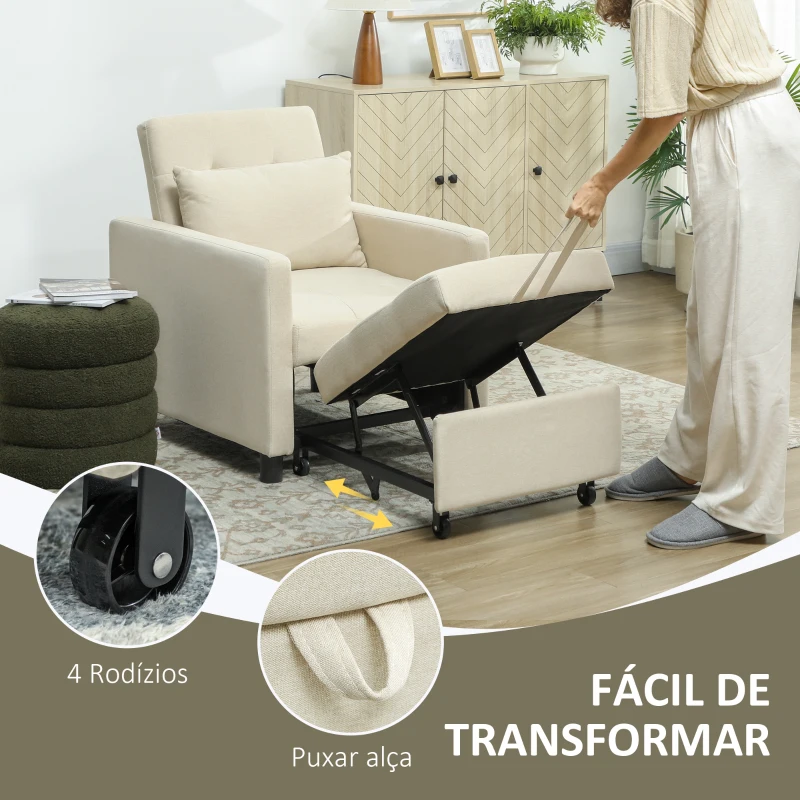 HOMCOM Sofá Cama Individual Poltrona com 4 Rodas Encosto Reclinável Almofada Extra e Assento Acolchoado 69x82,5x84 cm Bege
