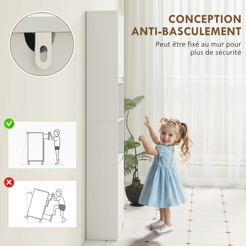 HOMCOM Meuble colonne salle de bain, meuble de rangement avec 2 portes, 2 compartiments ouverts, , 30 x 24 x 170 cm, blanc