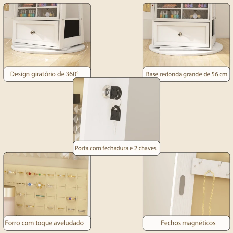 HOMCOM Espelho de Pé Giratório 360° com Espelho com Interior Iluminado Organizador de Jóias com Prateleiras e Gavetas 56x56x164 cm Branco