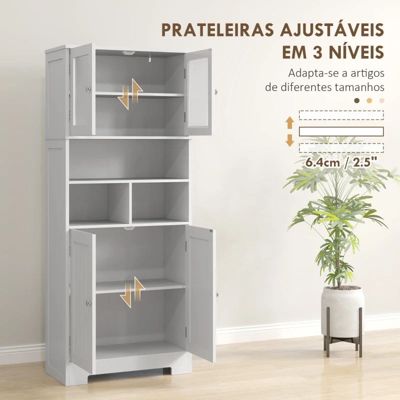 HOMCOM Armário de Cozinha Armário Alto de Cozinha com 2 Portas de Vidro Prateleiras Ajustáveis 60x30x145,5 cm Branco