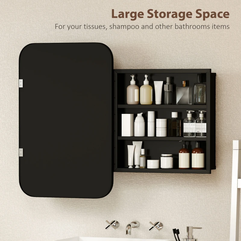HOMCOM Bathroom Wall Cabinet with Tempered Mirror Metal Bathroom Mirror Cabinet with 3 Shelves Black