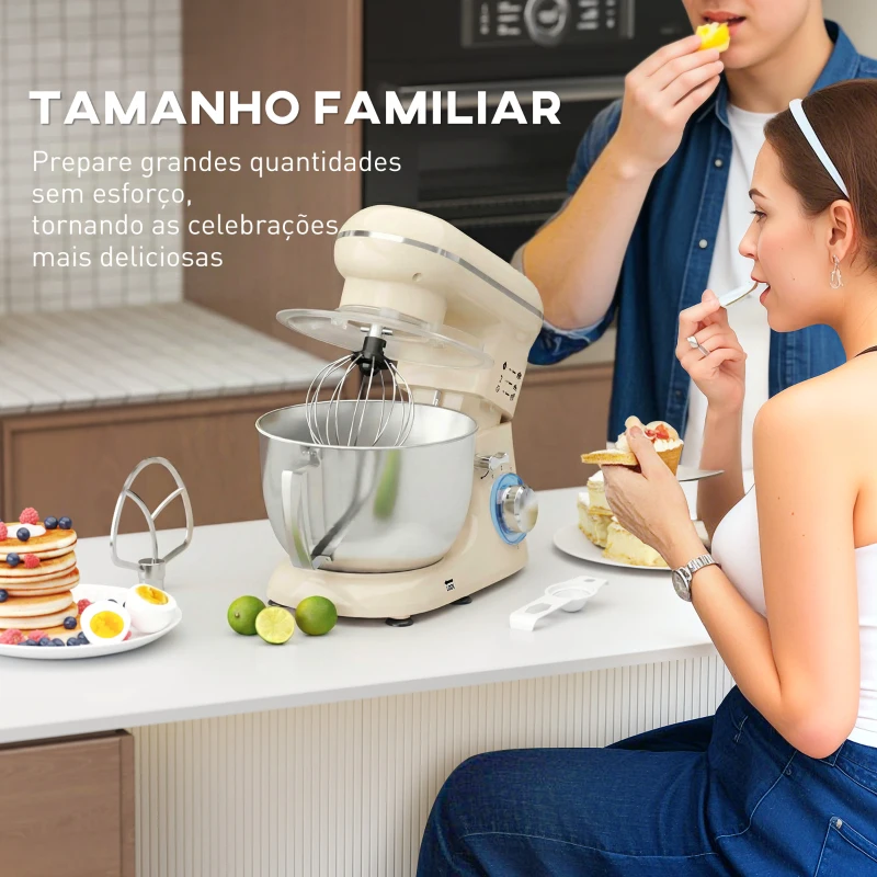 HOMCOM Batedeira Planetária 4,5L 1300W 6 Velocidades Taça de Aço Inoxidável Batedor Gancho Varas Bege