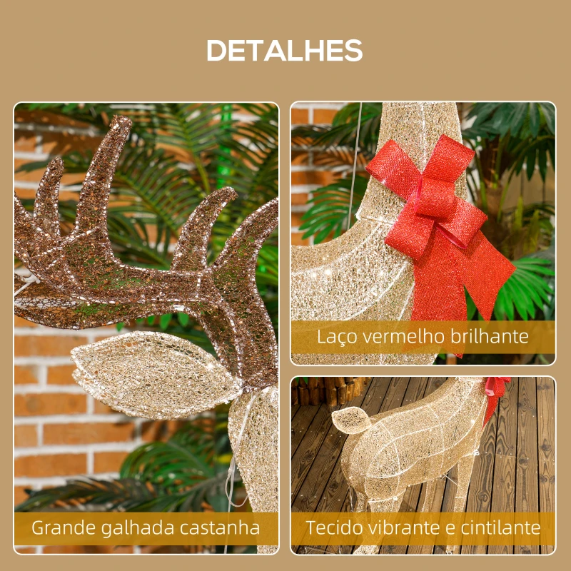 Outsunny Reno Luminoso de Natal Decoração de Natal com 137 LEDs Branco Quente Iluminação Natalícia 66x25x135 cm Dourado