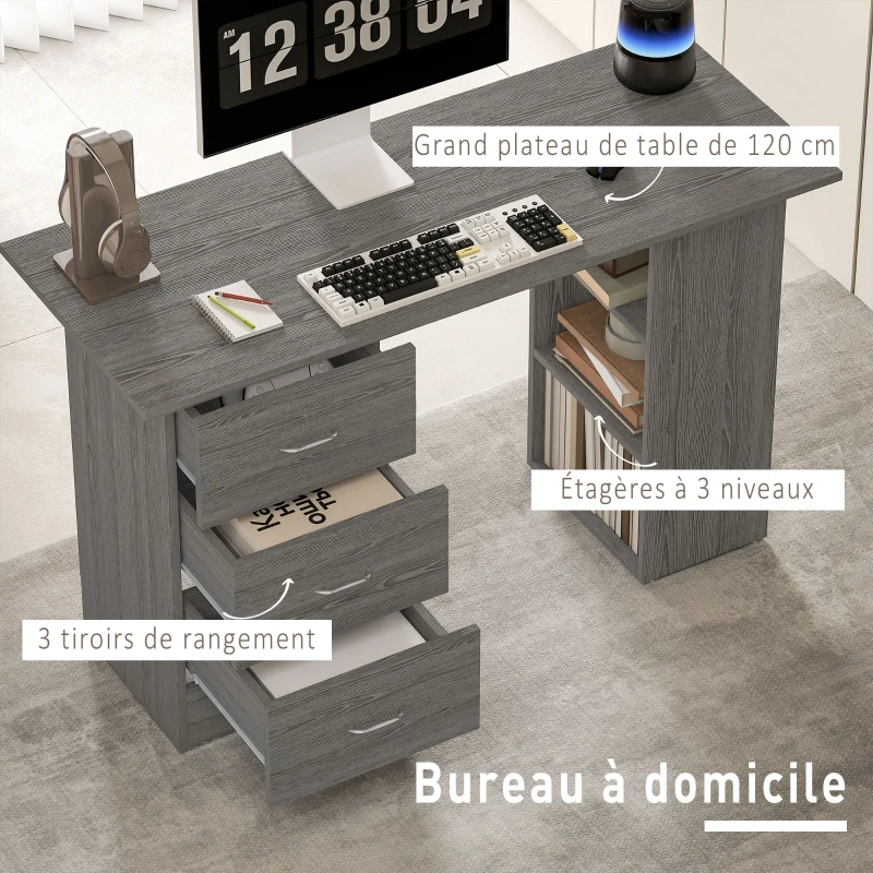 HOMCOM Bureau d'ordinateur réversible, table informatique avec 3 tiroirs et 3 étagères ouvertes, 120 x 49 x 72 cm, gris