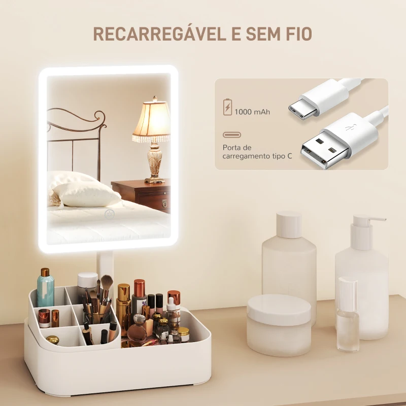 HOMCOM Espelho de Maquilhagem com Luz LED Espelho de Toucador Recarregável com 2 Modos de Iluminação Rotação de 180° 22x13,8x38 cm Branco